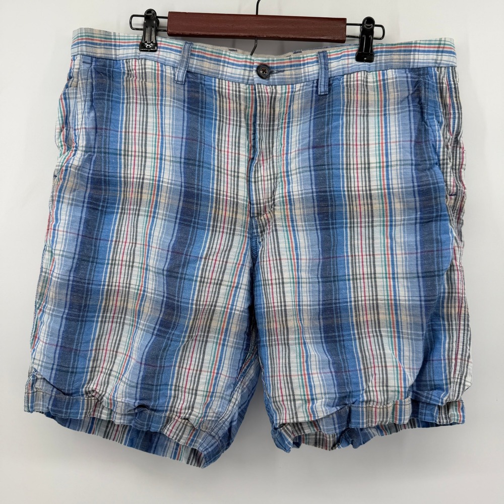 Tommy Bahama Plaid Shorts Mens 38 Blue Linen Tencel Blend Flat Front Relaxed
